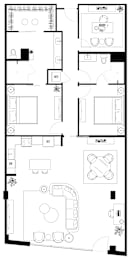 A floor plan of a house with a kitchen, living room, and bathrooms.